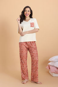 Zivame Dot & Doze Knit Cotton Pyjama Set - Raw Sienna — thumbnail 3